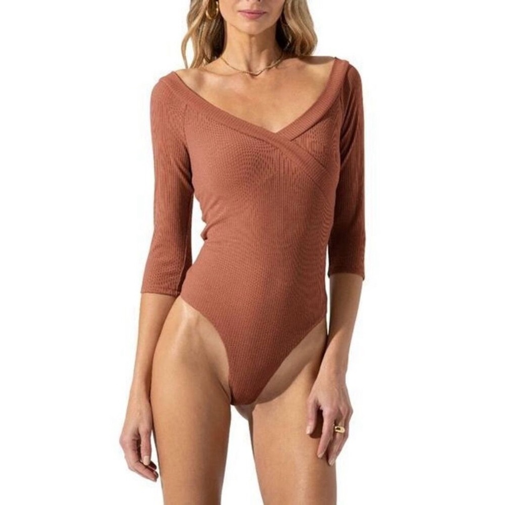 ASTR the Label Wide Neck Surplice Ribbed Thong Bodysuit in Marsala M